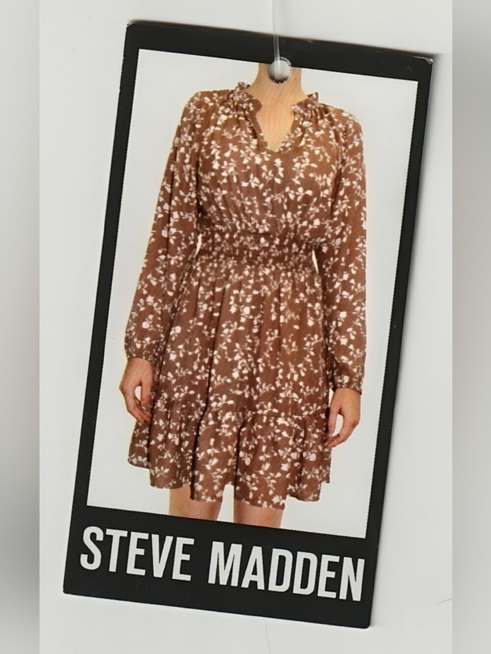 Steve Madden Brown Floral Long-Sleeve Smocked Waist Mini Dress NWT